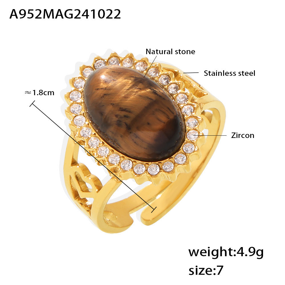 316L Stainless Steel 18K Gold PVD Wave Zircon Oval Natural Stone Adjustable Ring - Wave Design, Oval Stone, Zircon Accents, Adjustable Fit, Gold Tone Wholesale Stainless Steel Jewelry - Sensitive Skin Friendly - Detail 4