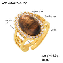 316L Stainless Steel 18K Gold PVD Wave Zircon Oval Natural Stone Adjustable Ring - Wave Design, Oval Stone, Zircon Accents, Adjustable Fit, Gold Tone Wholesale Stainless Steel Jewelry - Sensitive Skin Friendly - Detail 4