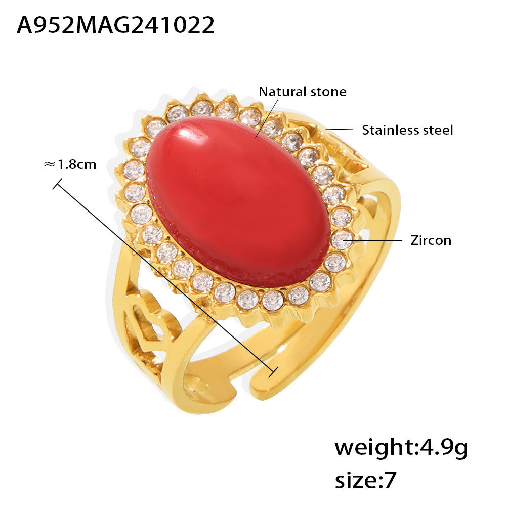 316L Stainless Steel 18K Gold PVD Wave Zircon Oval Natural Stone Adjustable Ring - Wave Design, Oval Stone, Zircon Accents, Adjustable Fit, Gold Tone Wholesale Stainless Steel Jewelry - Sensitive Skin Friendly - Detail 5