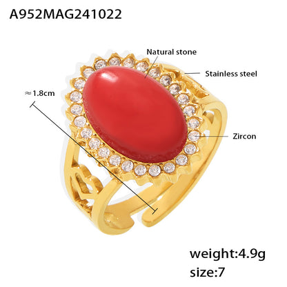 316L Stainless Steel 18K Gold PVD Wave Zircon Oval Natural Stone Adjustable Ring - Wave Design, Oval Stone, Zircon Accents, Adjustable Fit, Gold Tone Wholesale Stainless Steel Jewelry - Sensitive Skin Friendly - Detail 5