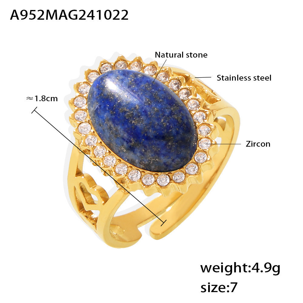 316L Stainless Steel 18K Gold PVD Wave Zircon Oval Natural Stone Adjustable Ring - Wave Design, Oval Stone, Zircon Accents, Adjustable Fit, Gold Tone Wholesale Stainless Steel Jewelry - Sensitive Skin Friendly - Detail 6