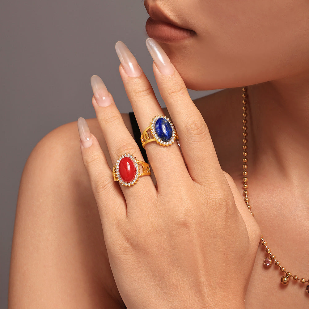 316L Stainless Steel 18K Gold PVD Wave Zircon Oval Natural Stone Adjustable Ring - Wave Design, Oval Stone, Zircon Accents, Adjustable Fit, Gold Tone Wholesale Stainless Steel Jewelry - Sensitive Skin Friendly - Detail 7