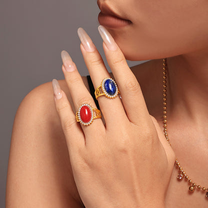 316L Stainless Steel 18K Gold PVD Wave Zircon Oval Natural Stone Adjustable Ring - Wave Design, Oval Stone, Zircon Accents, Adjustable Fit, Gold Tone Wholesale Stainless Steel Jewelry - Sensitive Skin Friendly - Detail 7