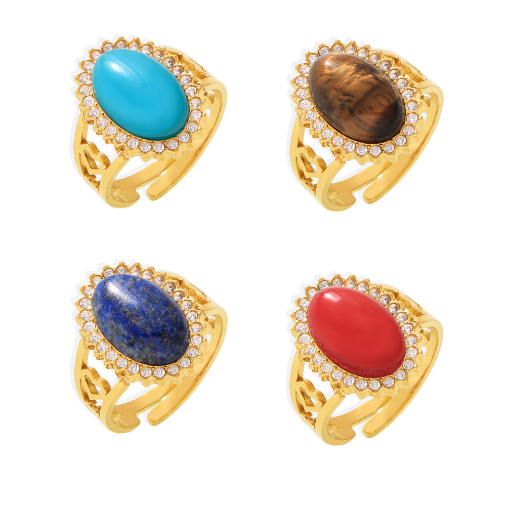 316L Stainless Steel 18K Gold PVD Wave Zircon Oval Natural Stone Adjustable Ring - Wave Design, Oval Stone, Zircon Accents, Adjustable Fit, Gold Tone Wholesale Stainless Steel Jewelry - Sensitive Skin Friendly - Detail 8