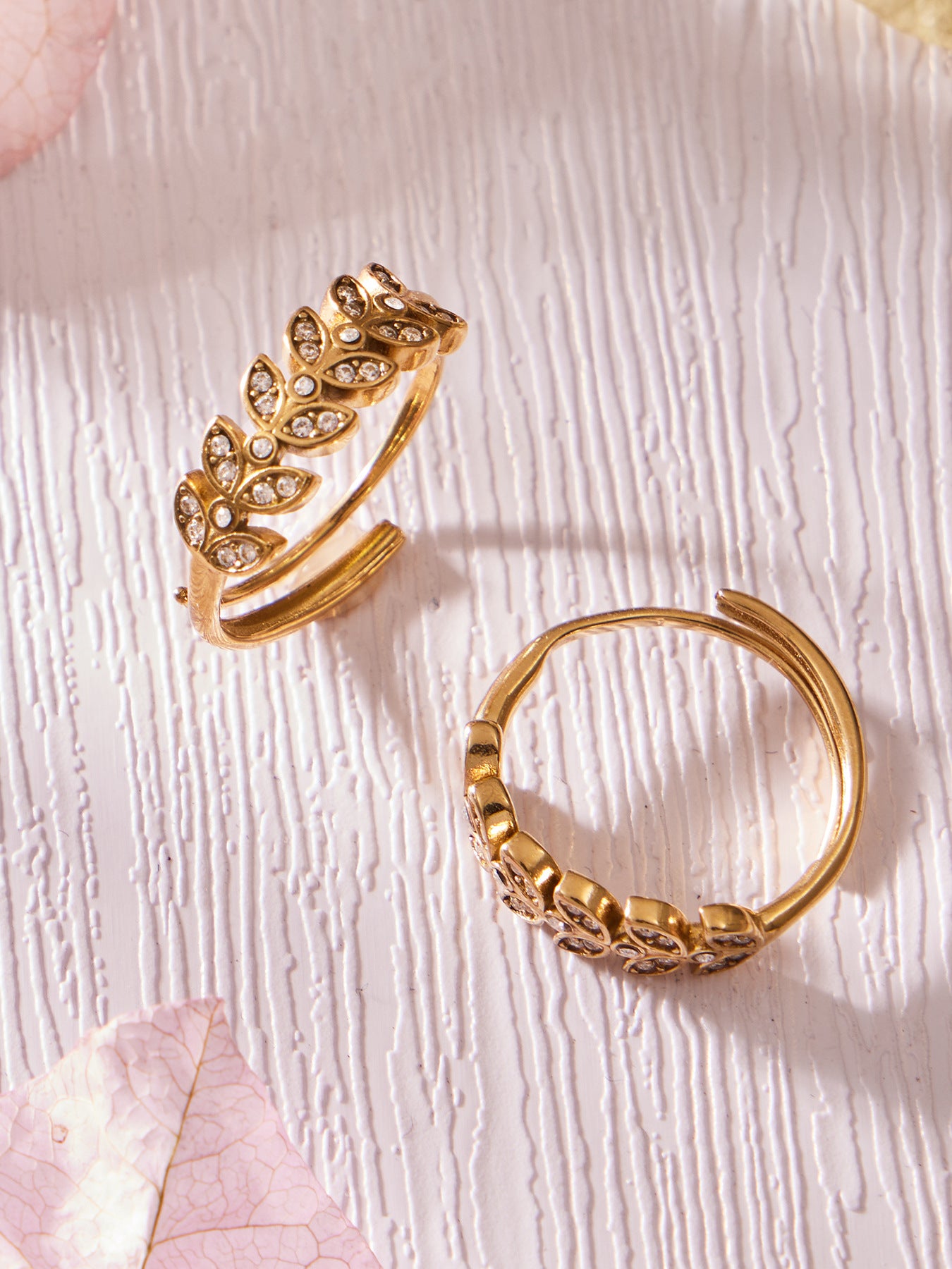 316L Stainless Steel 18K Gold PVD Wheat Motif Open Zircon Double-Layer Cutout Ring - Wheat Motif Open Zircon Ring Wholesale Stainless Steel Jewelry - Sensitive Skin Friendly - Detail 10