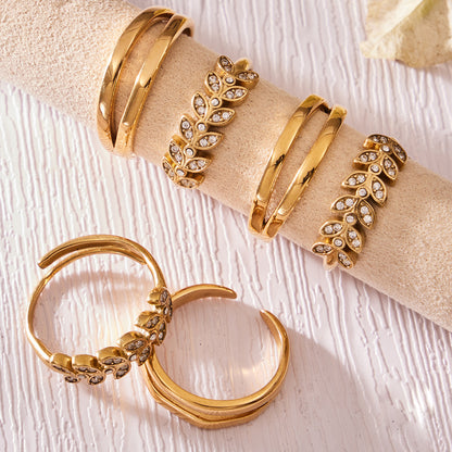 316L Stainless Steel 18K Gold PVD Wheat Motif Open Zircon Double-Layer Cutout Ring - Wheat Motif Open Zircon Ring Wholesale Stainless Steel Jewelry - Sensitive Skin Friendly - Detail 14