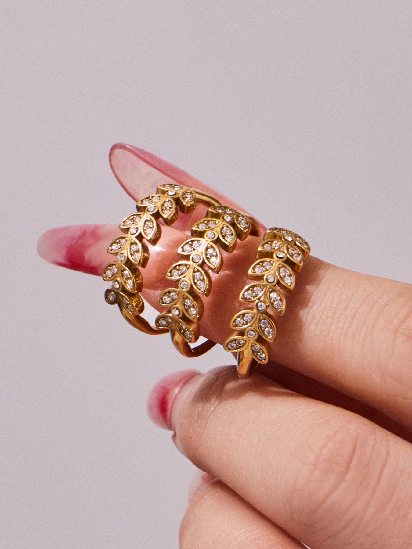 316L Stainless Steel 18K Gold PVD Wheat Motif Open Zircon Double-Layer Cutout Ring - Wheat Motif Open Zircon Ring Wholesale Stainless Steel Jewelry - Sensitive Skin Friendly - Detail 16