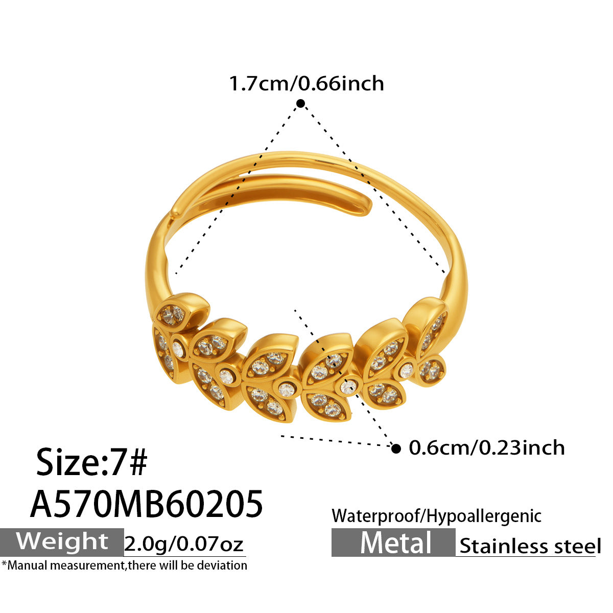 316L Stainless Steel 18K Gold PVD Wheat Motif Open Zircon Double-Layer Cutout Ring - Wheat Motif Open Zircon Ring Wholesale Stainless Steel Jewelry - Sensitive Skin Friendly - Detail 7