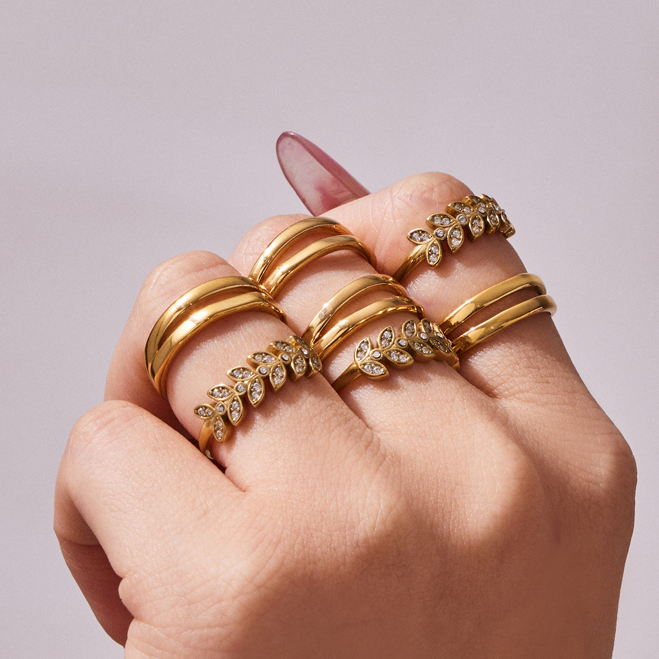 316L Stainless Steel 18K Gold PVD Wheat Motif Open Zircon Double-Layer Cutout Ring - Wheat Motif Open Zircon Ring Wholesale Stainless Steel Jewelry - Sensitive Skin Friendly - Detail 9
