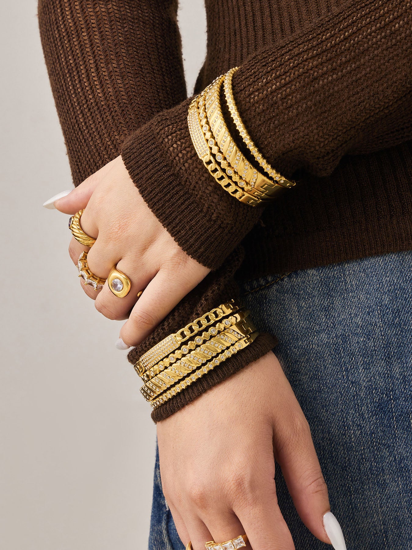 316L Stainless Steel 18K Gold PVD Wheat Spike 5A Zircon Open Bangle - Wheat Spike, 5A Zircon, Open Bangle, Gold Wholesale Stainless Steel Jewelry - Sensitive Skin Friendly - Detail 10