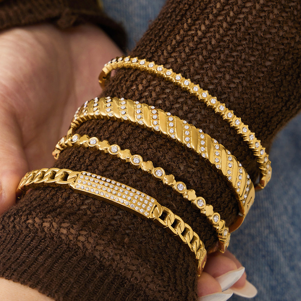 316L Stainless Steel 18K Gold PVD Wheat Spike 5A Zircon Open Bangle - Wheat Spike, 5A Zircon, Open Bangle, Gold Wholesale Stainless Steel Jewelry - Sensitive Skin Friendly - Detail 11