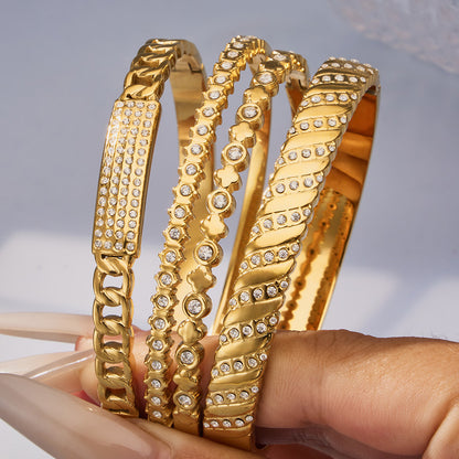316L Stainless Steel 18K Gold PVD Wheat Spike 5A Zircon Open Bangle - Wheat Spike, 5A Zircon, Open Bangle, Gold Wholesale Stainless Steel Jewelry - Sensitive Skin Friendly - Detail 2