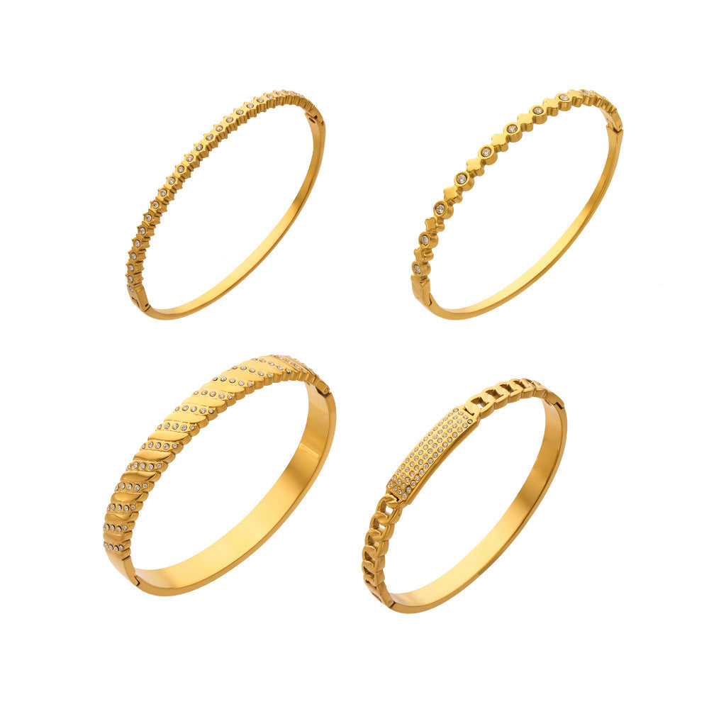 316L Stainless Steel 18K Gold PVD Wheat Spike 5A Zircon Open Bangle - Wheat Spike, 5A Zircon, Open Bangle, Gold Wholesale Stainless Steel Jewelry - Sensitive Skin Friendly - Detail 6