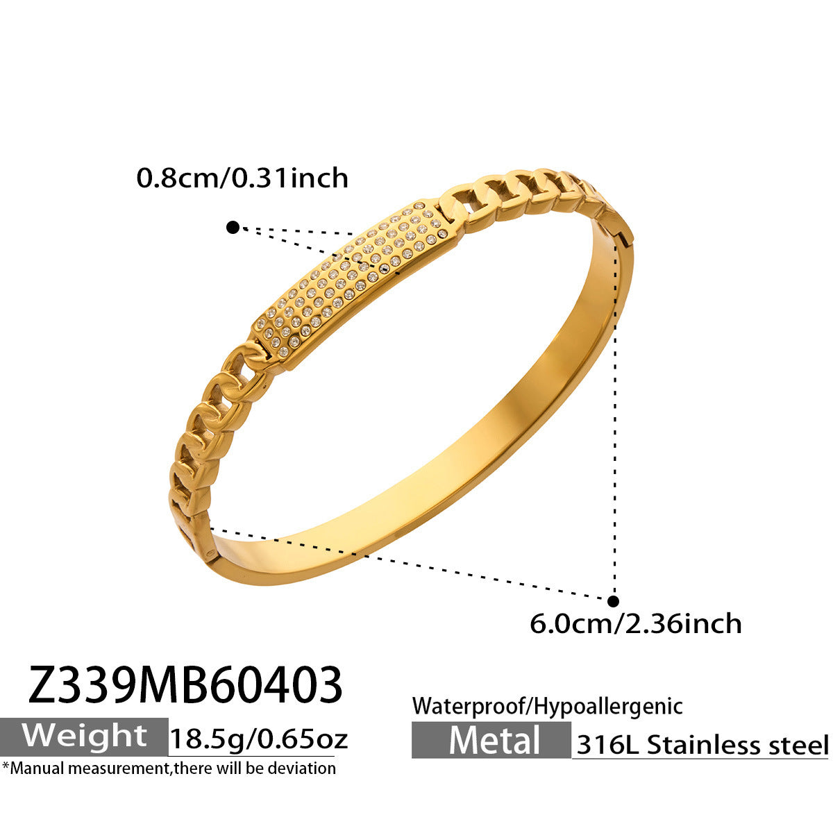 316L Stainless Steel 18K Gold PVD Wheat Spike 5A Zircon Open Bangle - Wheat Spike, 5A Zircon, Open Bangle, Gold Wholesale Stainless Steel Jewelry - Sensitive Skin Friendly - Detail 7