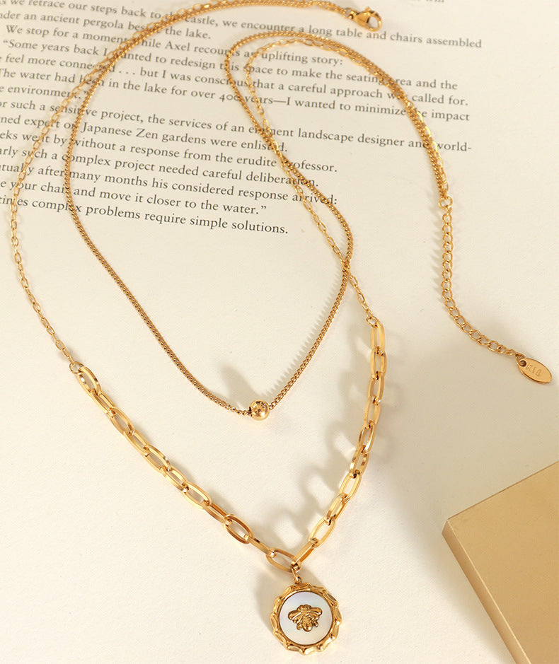 18K Gold PVD White Mother-of-Pearl Bee Pendant Necklace, 316L Stainless Steel Adjustable Chain, Waterproof Hypoallergenic Bee Necklace, Wholesale Jewelry for Boutique