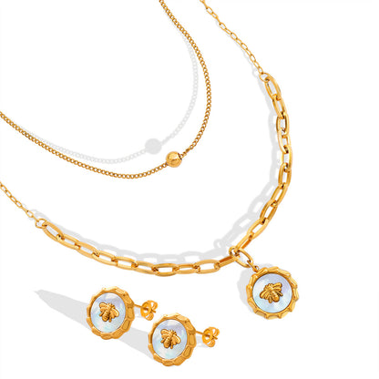 316L Stainless Steel 18K Gold PVD White Mother-of-Pearl Bee Drop Earrings & Necklace Set, Hypoallergenic Waterproof Bee Jewelry for Women, Wholesale Bulk Stainless Steel Jewelry for Boutique