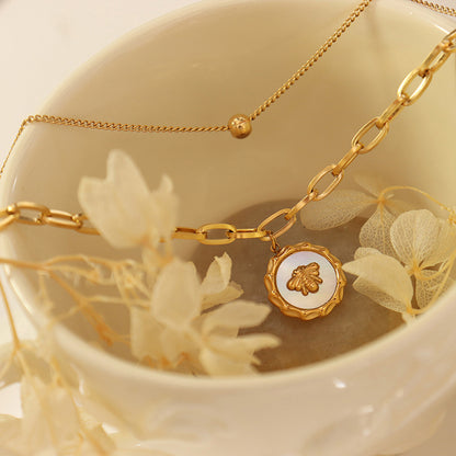 Close-up of 18K Gold PVD White Mother-of-Pearl Bee Jewelry, 316L Stainless Steel Bee Drop Earrings & Necklace, High-Quality Wholesale Jewelry Supplier Miduoduo Jewelry