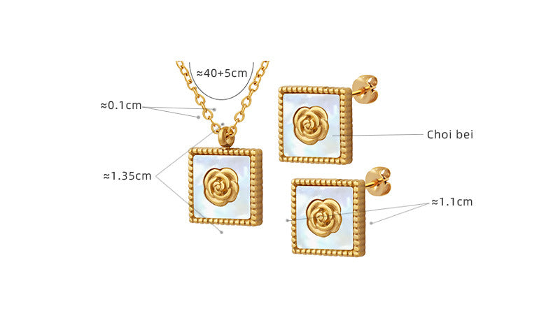 316L Stainless Steel 18K Gold PVD White Mother-of-Pearl Camellia Flower Square Pendant Necklace & Earrings Set - Camellia Flower, Mother-of-Pearl, Square Pendant, Minimalist, Everyday Wholesale Stainless Steel Jewelry - Sensitive Skin Friendly - Detail 1