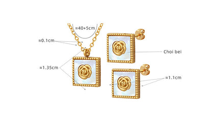 316L Stainless Steel 18K Gold PVD White Mother-of-Pearl Camellia Flower Square Pendant Necklace & Earrings Set - Camellia Flower, Mother-of-Pearl, Square Pendant, Minimalist, Everyday Wholesale Stainless Steel Jewelry - Sensitive Skin Friendly - Detail 1
