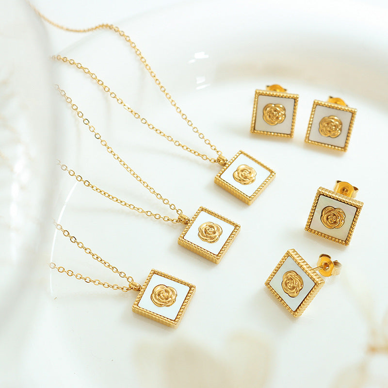 316L Stainless Steel 18K Gold PVD White Mother-of-Pearl Camellia Flower Square Pendant Necklace & Earrings Set - Camellia Flower, Mother-of-Pearl, Square Pendant, Minimalist, Everyday Wholesale Stainless Steel Jewelry - Sensitive Skin Friendly - Detail 10