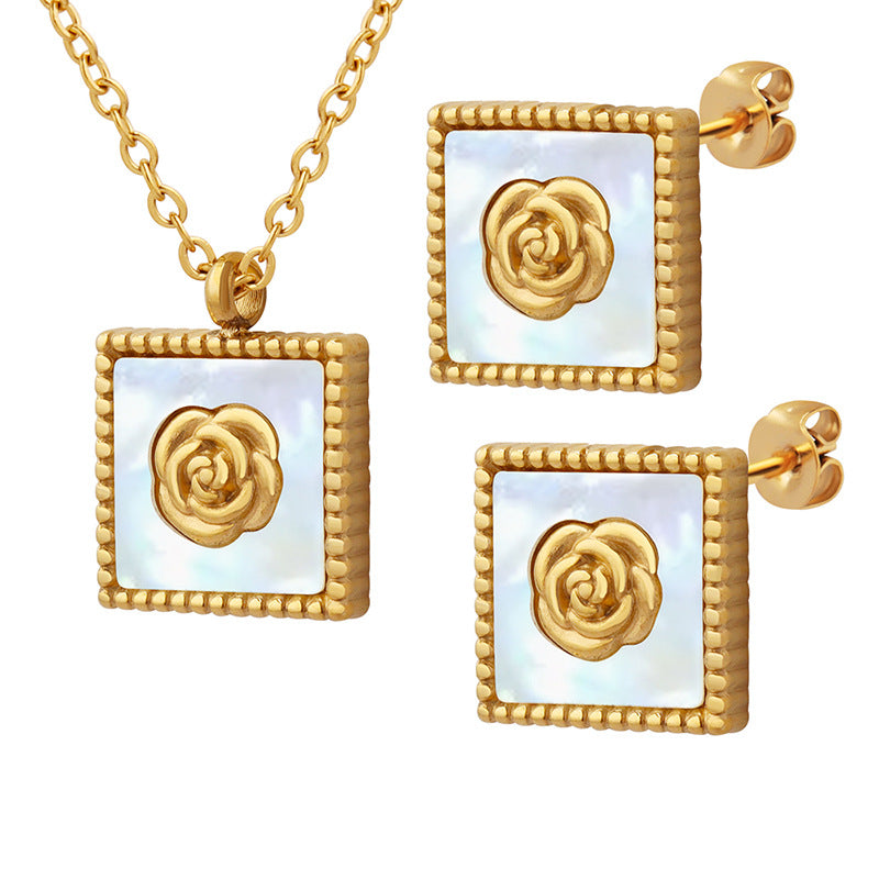 316L Stainless Steel 18K Gold PVD White Mother-of-Pearl Camellia Flower Square Pendant Necklace & Earrings Set - Camellia Flower, Mother-of-Pearl, Square Pendant, Minimalist, Everyday Wholesale Stainless Steel Jewelry - Sensitive Skin Friendly - Detail 2