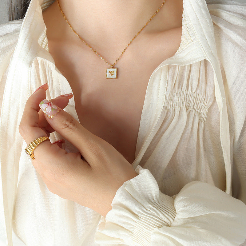 316L Stainless Steel 18K Gold PVD White Mother-of-Pearl Camellia Flower Square Pendant Necklace & Earrings Set - Camellia Flower, Mother-of-Pearl, Square Pendant, Minimalist, Everyday Wholesale Stainless Steel Jewelry - Sensitive Skin Friendly - Detail 4
