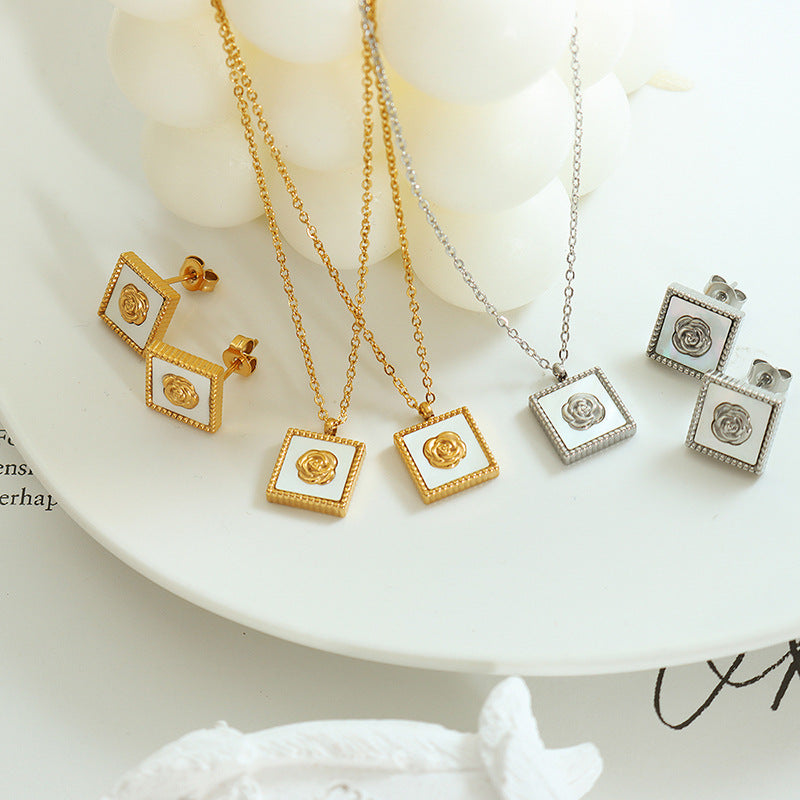 316L Stainless Steel 18K Gold PVD White Mother-of-Pearl Camellia Flower Square Pendant Necklace & Earrings Set - Camellia Flower, Mother-of-Pearl, Square Pendant, Minimalist, Everyday Wholesale Stainless Steel Jewelry - Sensitive Skin Friendly - Detail 6