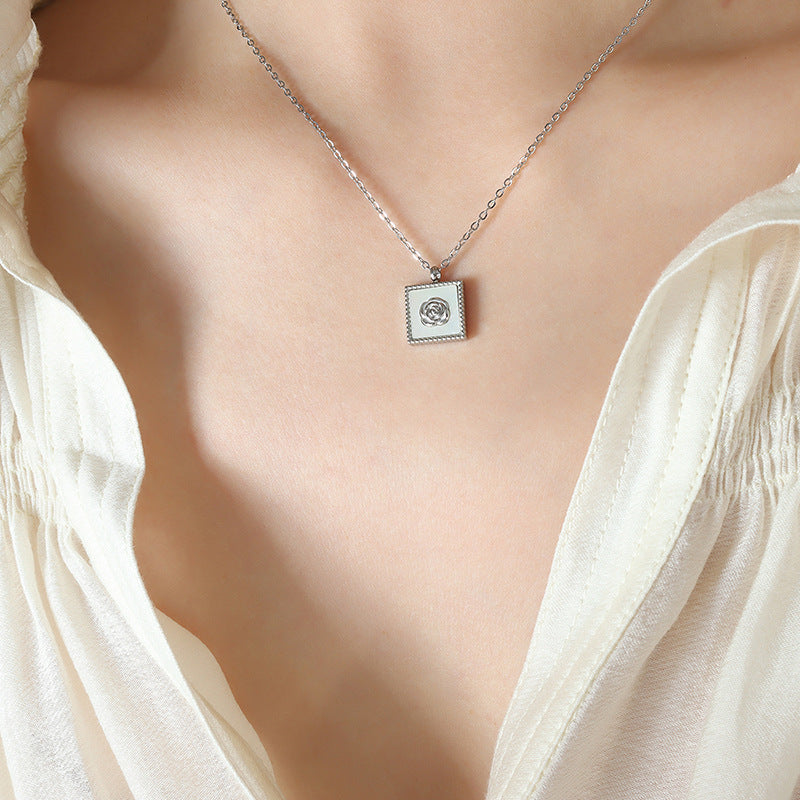 316L Stainless Steel 18K Gold PVD White Mother-of-Pearl Camellia Flower Square Pendant Necklace & Earrings Set - Camellia Flower, Mother-of-Pearl, Square Pendant, Minimalist, Everyday Wholesale Stainless Steel Jewelry - Sensitive Skin Friendly - Detail 7