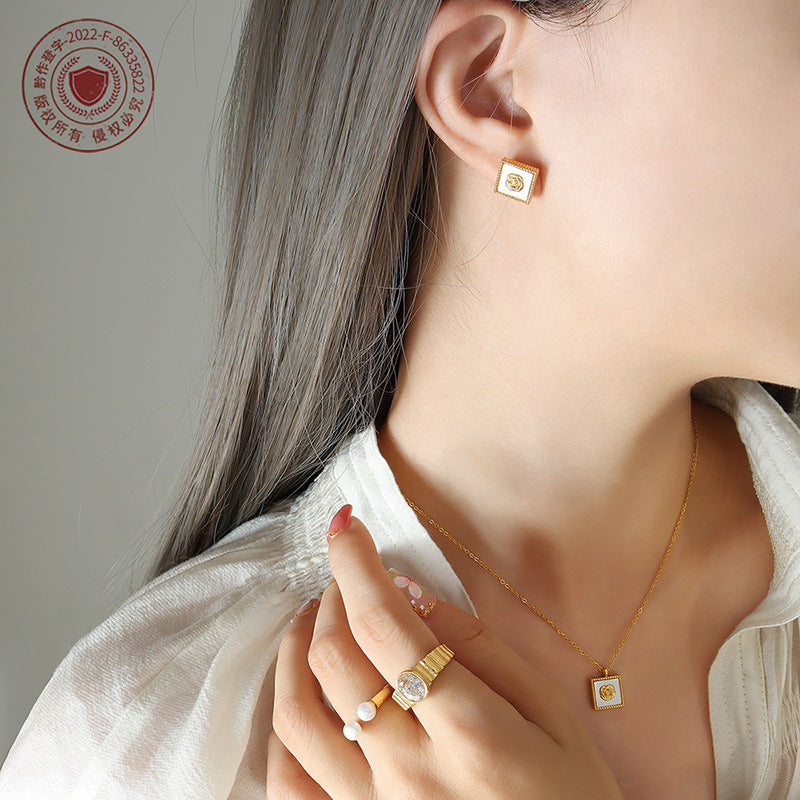 316L Stainless Steel 18K Gold PVD White Mother-of-Pearl Camellia Flower Square Pendant Necklace & Earrings Set - Camellia Flower, Mother-of-Pearl, Square Pendant, Minimalist, Everyday Wholesale Stainless Steel Jewelry - Sensitive Skin Friendly - Detail 8
