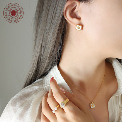 316L Stainless Steel 18K Gold PVD White Mother-of-Pearl Camellia Flower Square Pendant Necklace & Earrings Set - Camellia Flower, Mother-of-Pearl, Square Pendant, Minimalist, Everyday Wholesale Stainless Steel Jewelry - Sensitive Skin Friendly - Detail 8