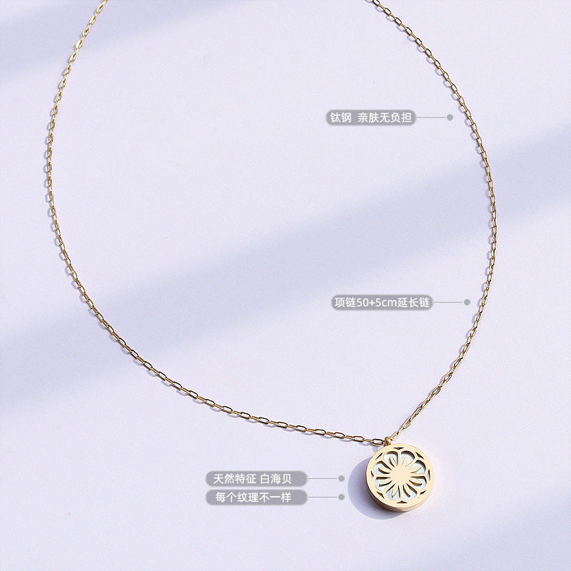 316L Stainless Steel 18K Gold PVD Daisy Flower Necklaces Set, White Mother-of-Pearl Floral Pendants, Wholesale Bulk Hypoallergenic Jewelry for Boutiques