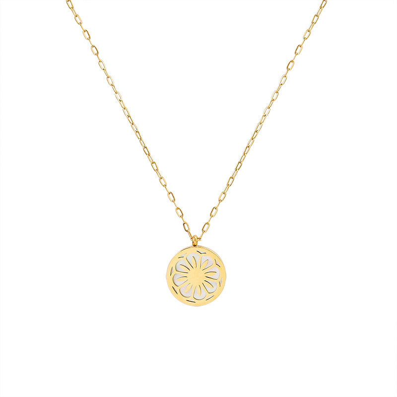 316L Stainless Steel 18K Gold PVD White Mother-of-Pearl Daisy Flower Pendant Necklace, Hypoallergenic Waterproof Dainty Floral Necklace for Women, Wholesale Bulk Stainless Steel Jewelry for Boutique