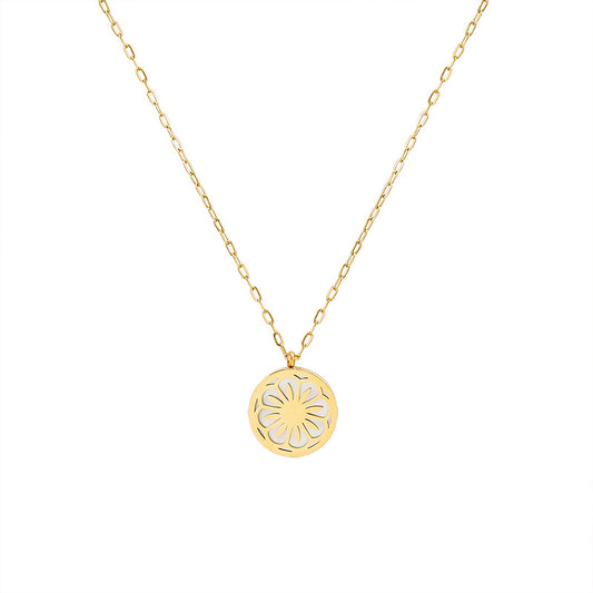 316L Stainless Steel 18K Gold PVD White Mother-of-Pearl Daisy Flower Pendant Necklace, Hypoallergenic Waterproof Dainty Floral Necklace for Women, Wholesale Bulk Stainless Steel Jewelry for Boutique