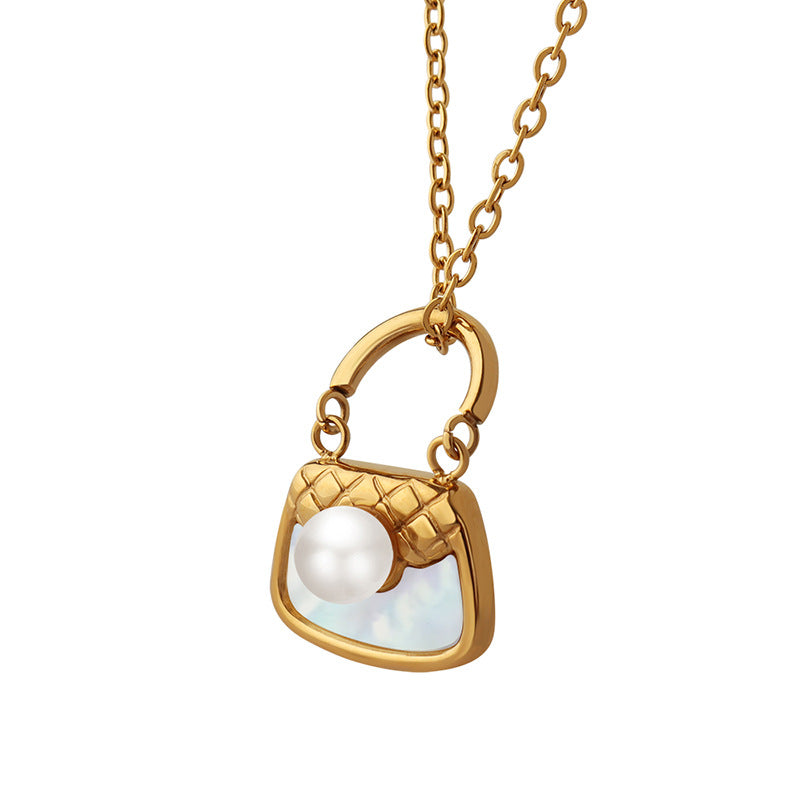 316L Stainless Steel 18K Gold PVD White Shell Imitation Pearl Handbag Charm Necklace - White Shell Pearl Handbag Charm Necklace, Minimalist, Coastal Wholesale Stainless Steel Jewelry - Sensitive Skin Friendly - Detail 3