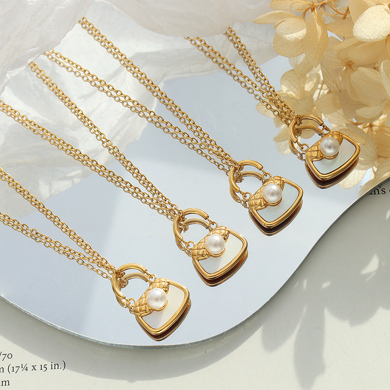 316L Stainless Steel 18K Gold PVD White Shell Imitation Pearl Handbag Charm Necklace - White Shell Pearl Handbag Charm Necklace, Minimalist, Coastal Wholesale Stainless Steel Jewelry - Sensitive Skin Friendly - Detail 4