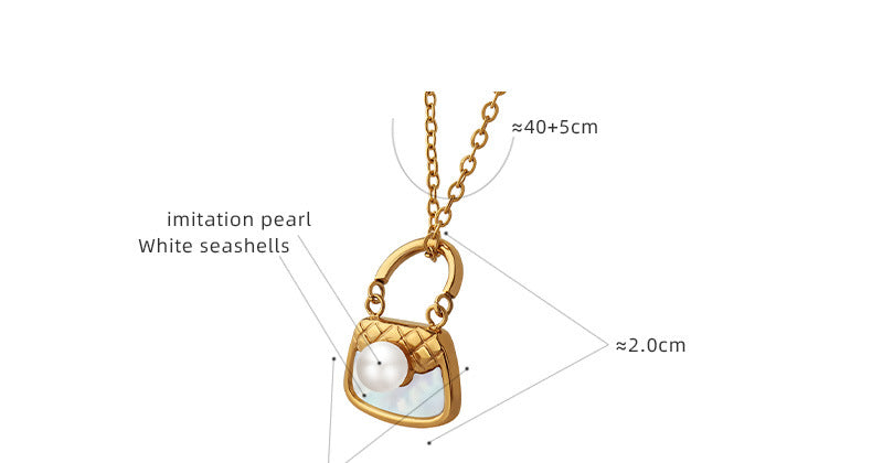 316L Stainless Steel 18K Gold PVD White Shell Imitation Pearl Handbag Charm Necklace - White Shell Pearl Handbag Charm Necklace, Minimalist, Coastal Wholesale Stainless Steel Jewelry - Sensitive Skin Friendly - Detail 6