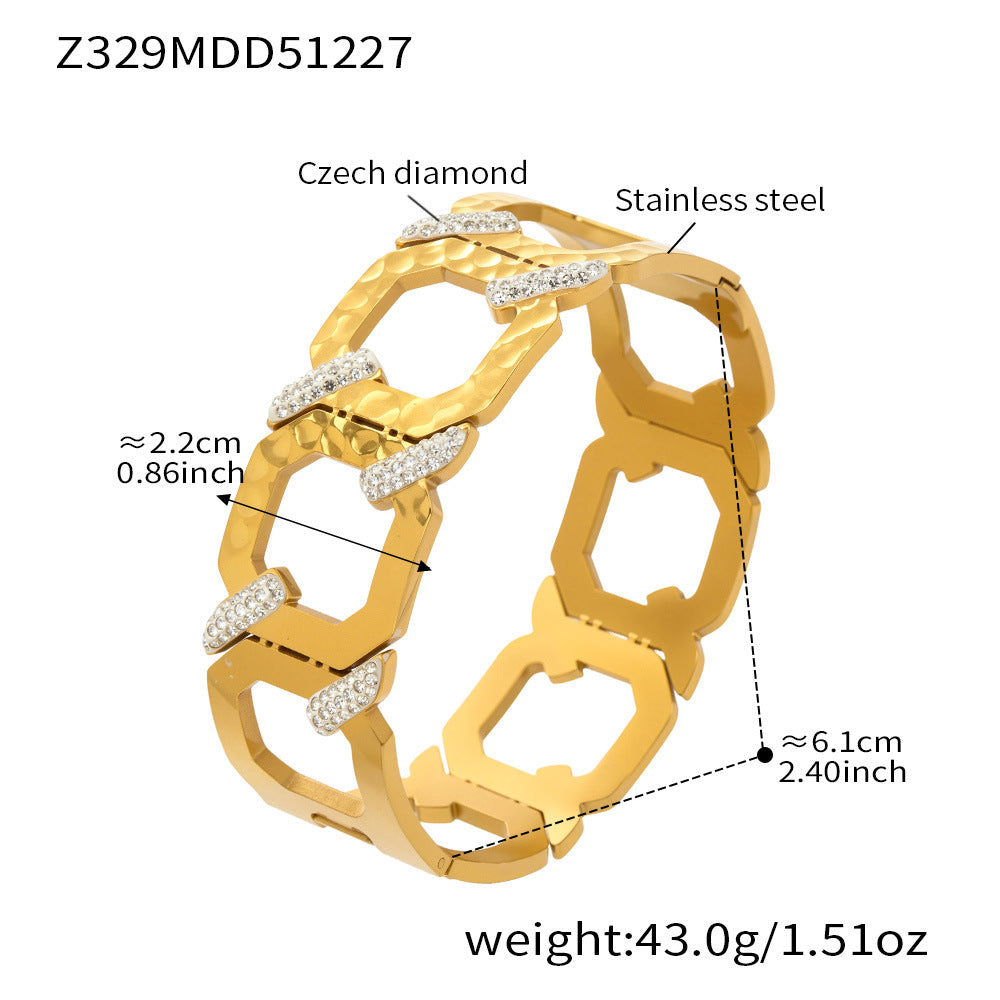 316L Stainless Steel 18K Gold PVD Wide Honeycomb Zircon Statement Bangle - Wide Honeycomb Zircon Bold Statement Geometric Wholesale Stainless Steel Jewelry - Sensitive Skin Friendly - Detail 1