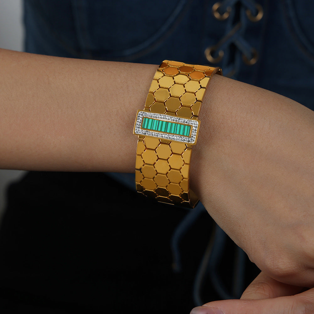 316L Stainless Steel 18K Gold PVD Wide Honeycomb Zircon Statement Bangle - Wide Honeycomb Zircon Bold Statement Geometric Wholesale Stainless Steel Jewelry - Sensitive Skin Friendly - Detail 10