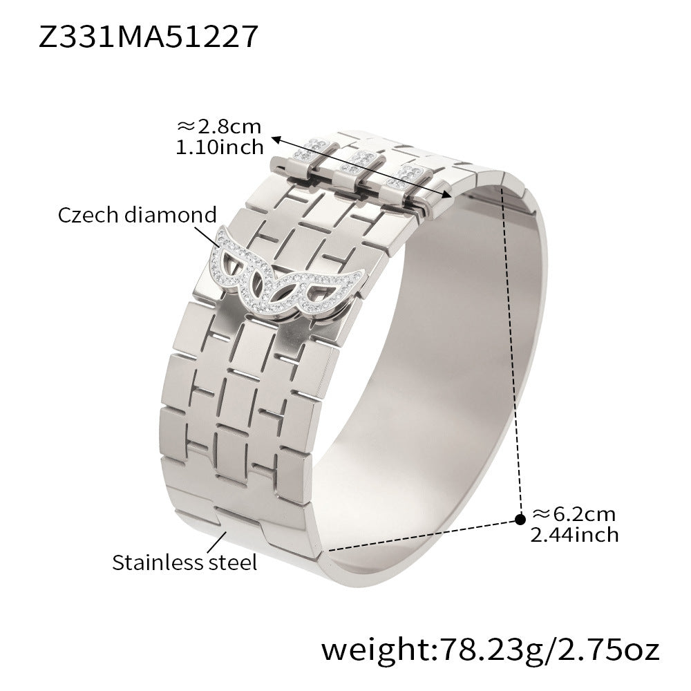 316L Stainless Steel 18K Gold PVD Wide Honeycomb Zircon Statement Bangle - Wide Honeycomb Zircon Bold Statement Geometric Wholesale Stainless Steel Jewelry - Sensitive Skin Friendly - Detail 11