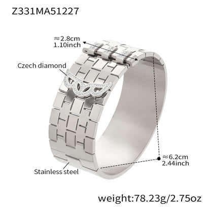 316L Stainless Steel 18K Gold PVD Wide Honeycomb Zircon Statement Bangle - Wide Honeycomb Zircon Bold Statement Geometric Wholesale Stainless Steel Jewelry - Sensitive Skin Friendly - Detail 11