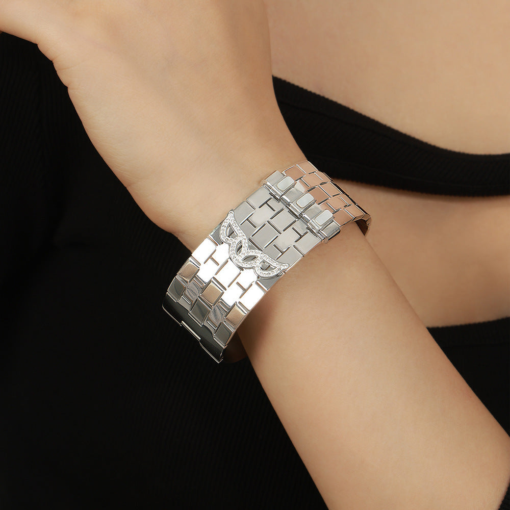 316L Stainless Steel 18K Gold PVD Wide Honeycomb Zircon Statement Bangle - Wide Honeycomb Zircon Bold Statement Geometric Wholesale Stainless Steel Jewelry - Sensitive Skin Friendly - Detail 12