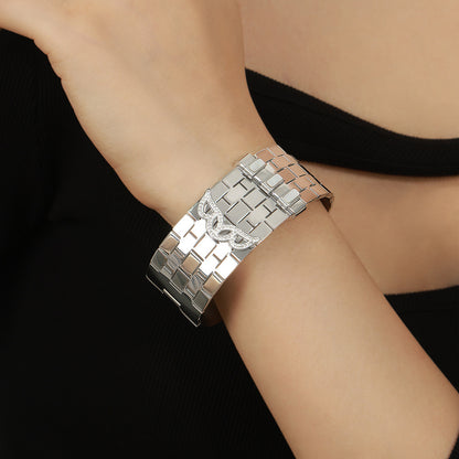 316L Stainless Steel 18K Gold PVD Wide Honeycomb Zircon Statement Bangle - Wide Honeycomb Zircon Bold Statement Geometric Wholesale Stainless Steel Jewelry - Sensitive Skin Friendly - Detail 12