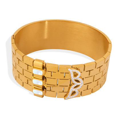 316L Stainless Steel 18K Gold PVD Wide Honeycomb Zircon Statement Bangle - Wide Honeycomb Zircon Bold Statement Geometric Wholesale Stainless Steel Jewelry - Sensitive Skin Friendly - Detail 14