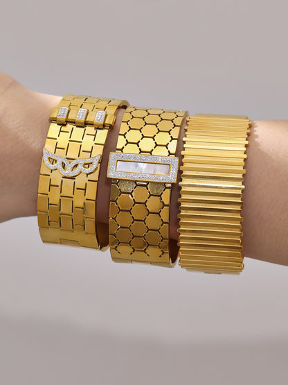 316L Stainless Steel 18K Gold PVD Wide Honeycomb Zircon Statement Bangle - Wide Honeycomb Zircon Bold Statement Geometric Wholesale Stainless Steel Jewelry - Sensitive Skin Friendly - Detail 17