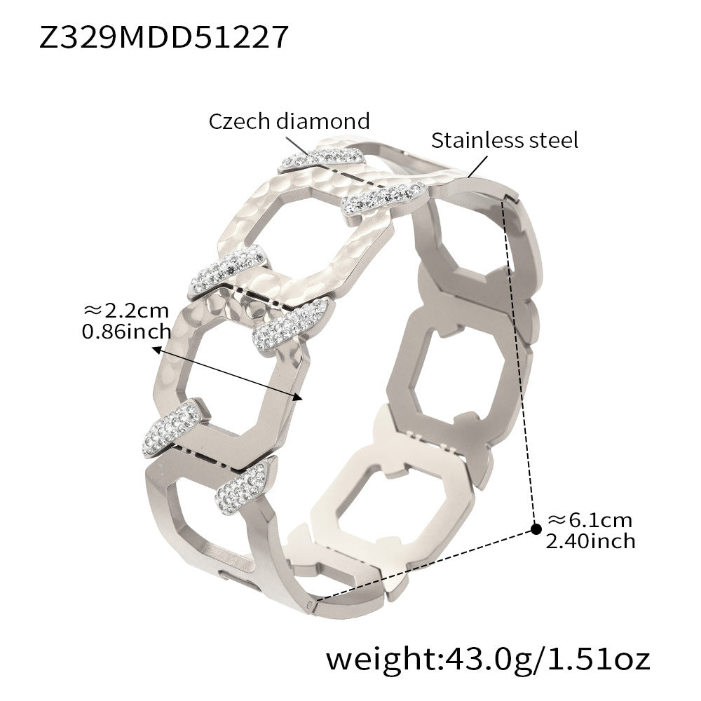 316L Stainless Steel 18K Gold PVD Wide Honeycomb Zircon Statement Bangle - Wide Honeycomb Zircon Bold Statement Geometric Wholesale Stainless Steel Jewelry - Sensitive Skin Friendly - Detail 2
