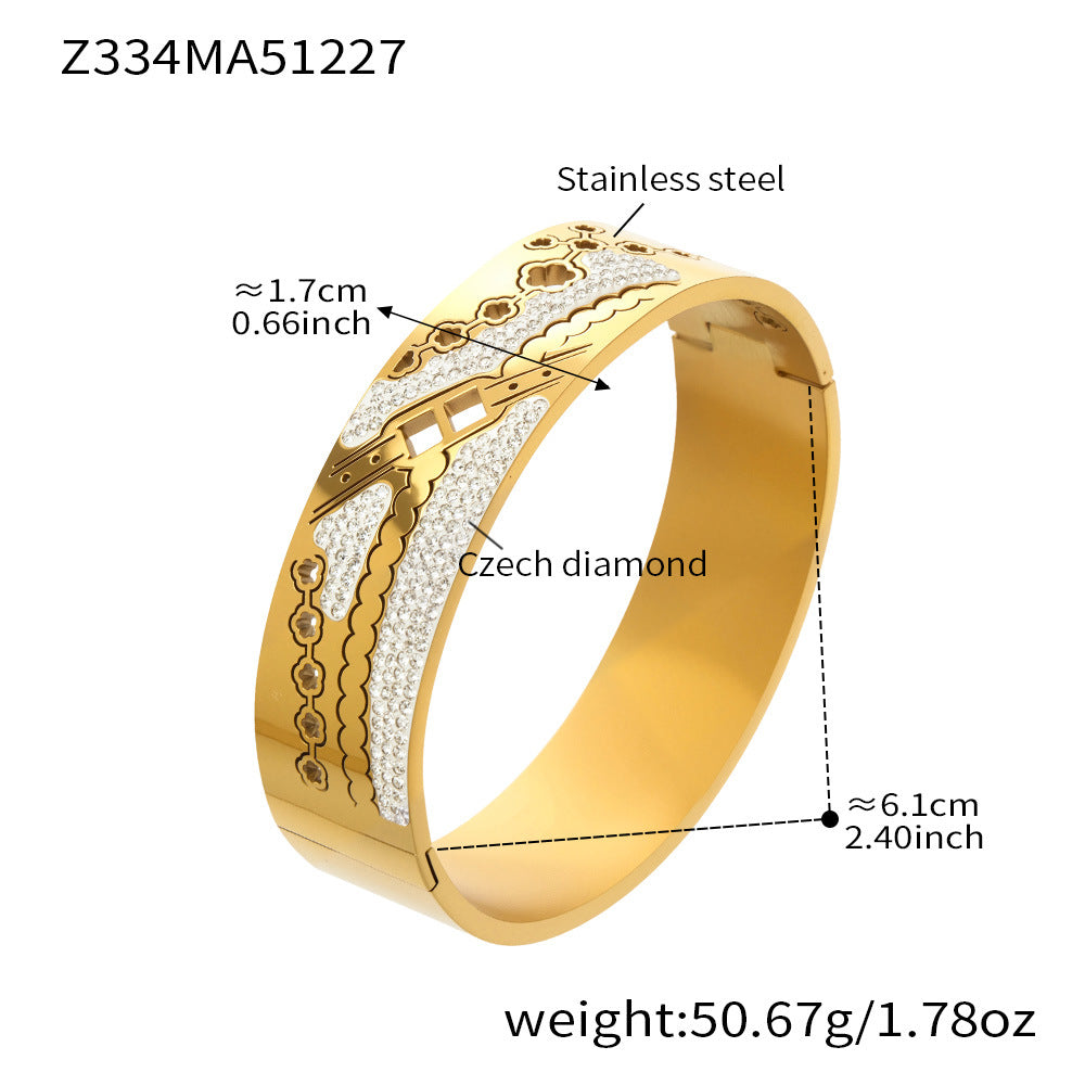 316L Stainless Steel 18K Gold PVD Wide Honeycomb Zircon Statement Bangle - Wide Honeycomb Zircon Bold Statement Geometric Wholesale Stainless Steel Jewelry - Sensitive Skin Friendly - Detail 3