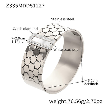 316L Stainless Steel 18K Gold PVD Wide Honeycomb Zircon Statement Bangle - Wide Honeycomb Zircon Bold Statement Geometric Wholesale Stainless Steel Jewelry - Sensitive Skin Friendly - Detail 6
