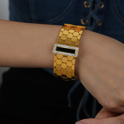 316L Stainless Steel 18K Gold PVD Wide Honeycomb Zircon Statement Bangle - Wide Honeycomb Zircon Bold Statement Geometric Wholesale Stainless Steel Jewelry - Sensitive Skin Friendly - Detail 8