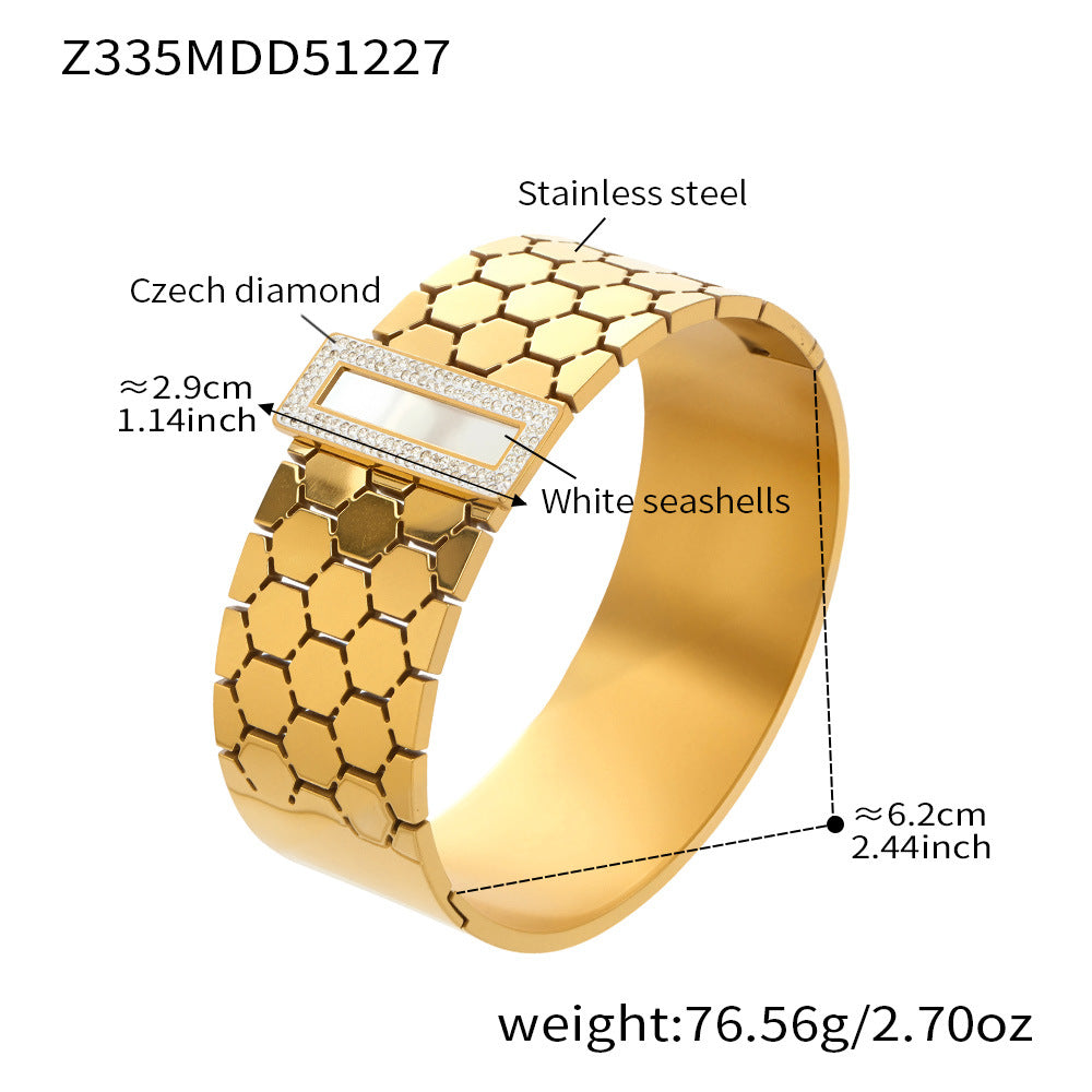 316L Stainless Steel 18K Gold PVD Wide Honeycomb Zircon Statement Bangle - Wide Honeycomb Zircon Bold Statement Geometric Wholesale Stainless Steel Jewelry - Sensitive Skin Friendly - Detail 9