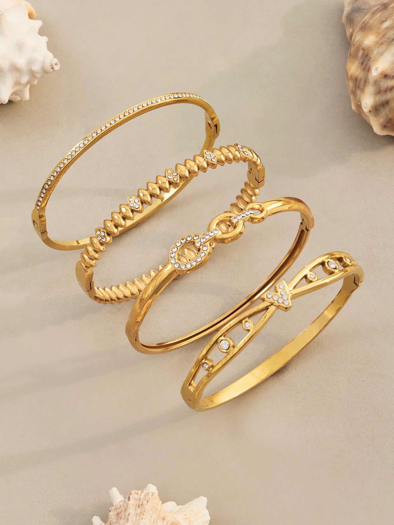 316L Stainless Steel 18K Gold PVD Zircon Bangle - European Bowknot Lock Twisted Design Zircon Gold Band Minimalist Wholesale Stainless Steel Jewelry - Sensitive Skin Friendly - Detail 1